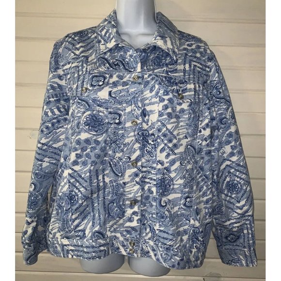 Alfred Dunner Sz 12 Blue White Paisley Geo Print Cotton Trucker Jacket EUC - Picture 3 of 10